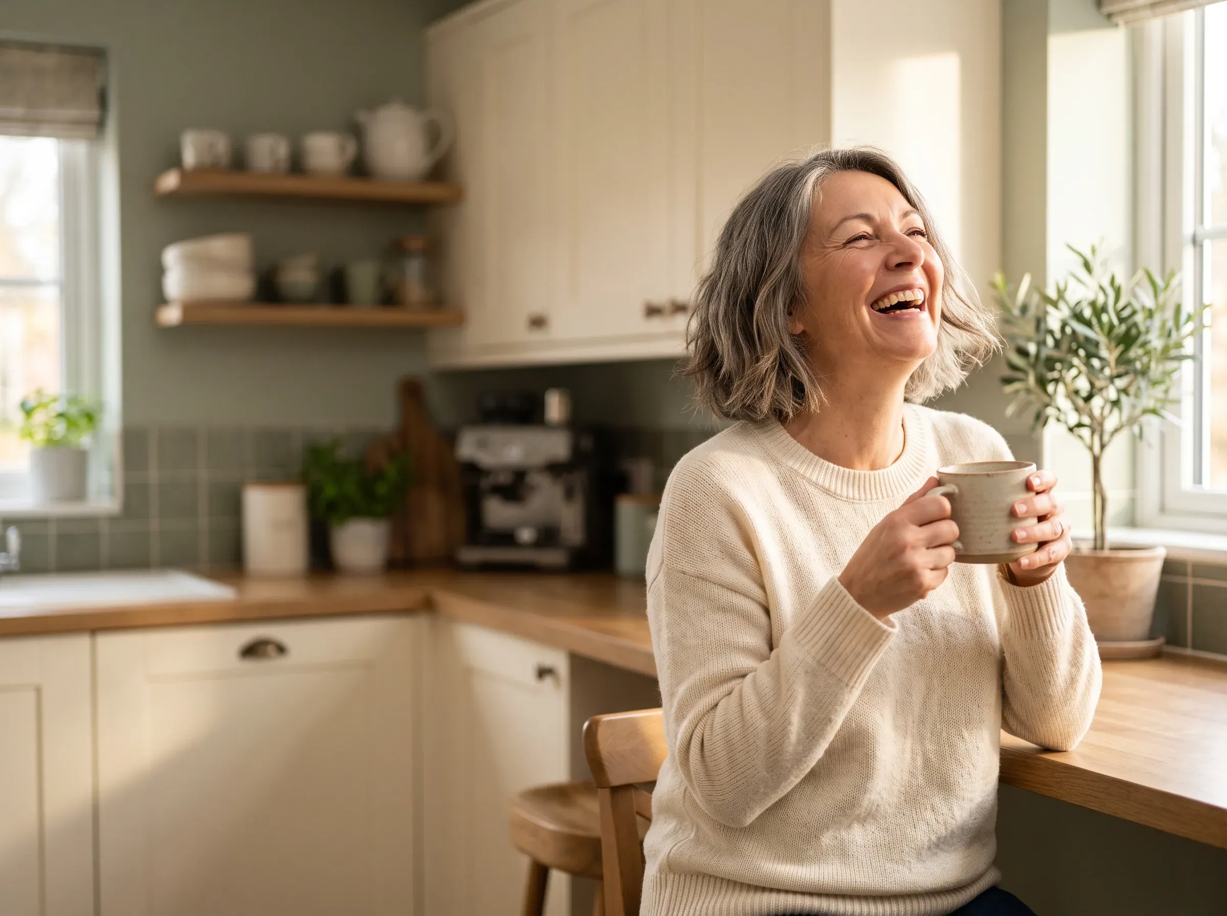 Femme dans la cinquantaine qui rit librement dans sa cuisine, sans inquiétude de fuites urinaires