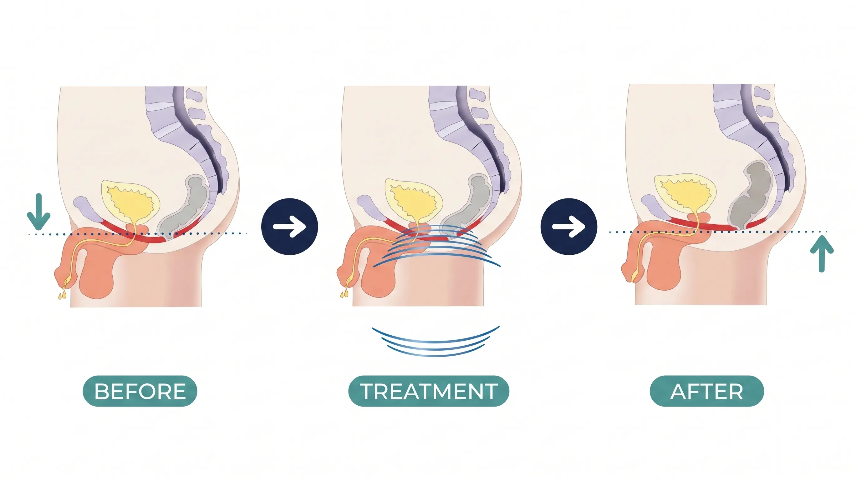 Three-step medical infographic of the male pelvis: a weakened pelvic floor letting drops escape, waves stimulating the muscle, then a firmed pelvic floor supporting the bladder