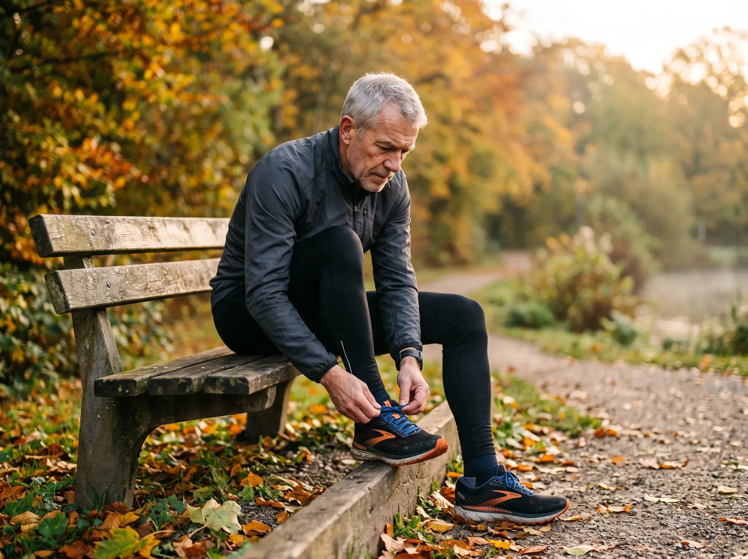 Active man in his sixties lacing running shoes at sunrise