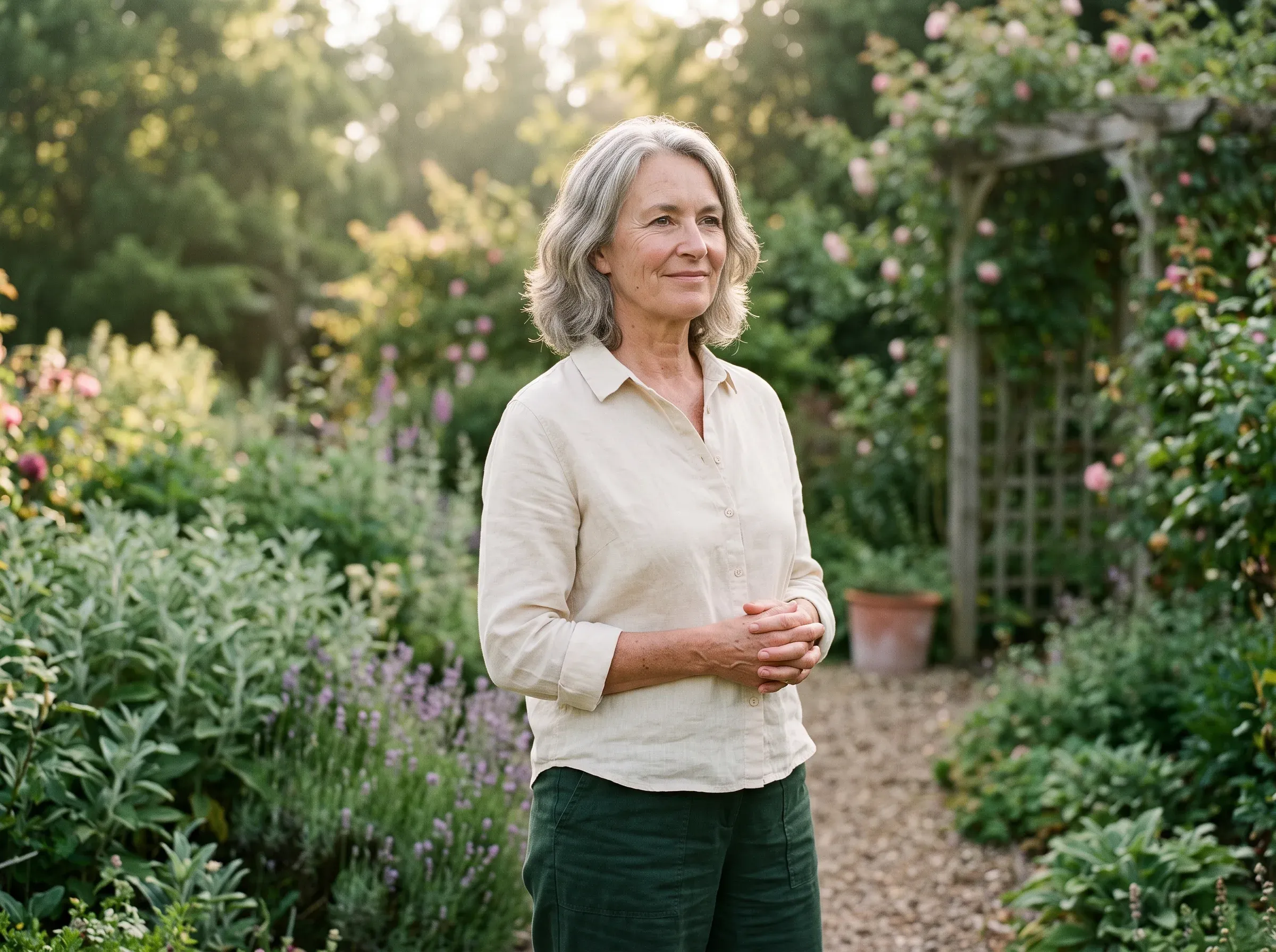 Woman in her sixties, serene and steady in her garden - the feeling of being well supported